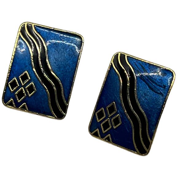Blue, Gold & Black Enamel Post Earrings for Pierced Ears Retro 1980s Jewelry - Picture 4 of 9